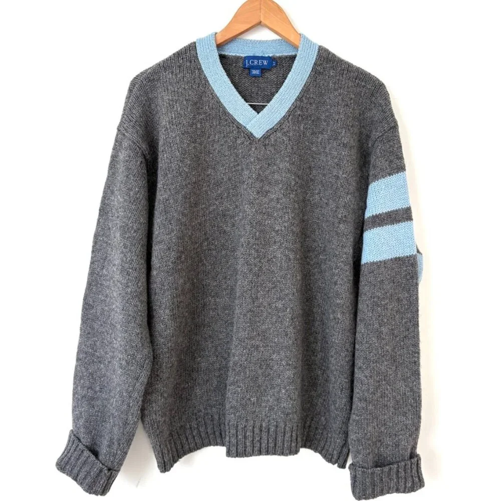 J. Crew Vintage 90s Mens Wool Sweater LT Gray Blue Trim Striped Sleeve Hong Kong